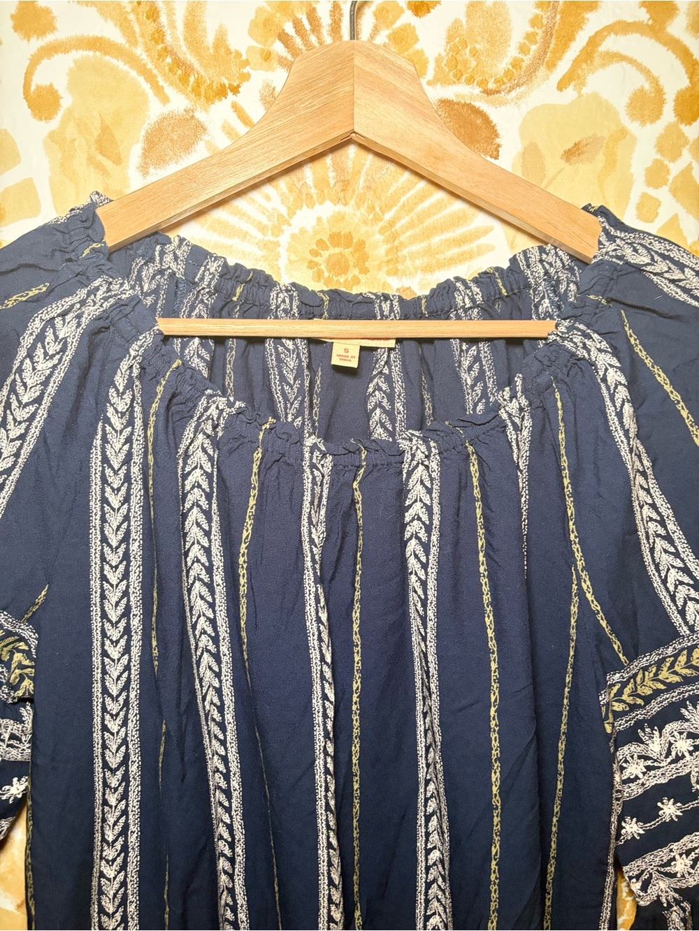 Boho Navy Blue Peasant Blouse Women's Off-the-Shoulder Bell Sleeve Top - Picture 7 of 12